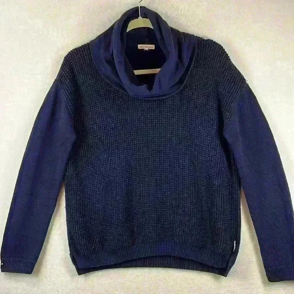 Calvin Klein Jeans Pullover Sweater Women’s Medium Navy Cowl Neck Cotton Blend